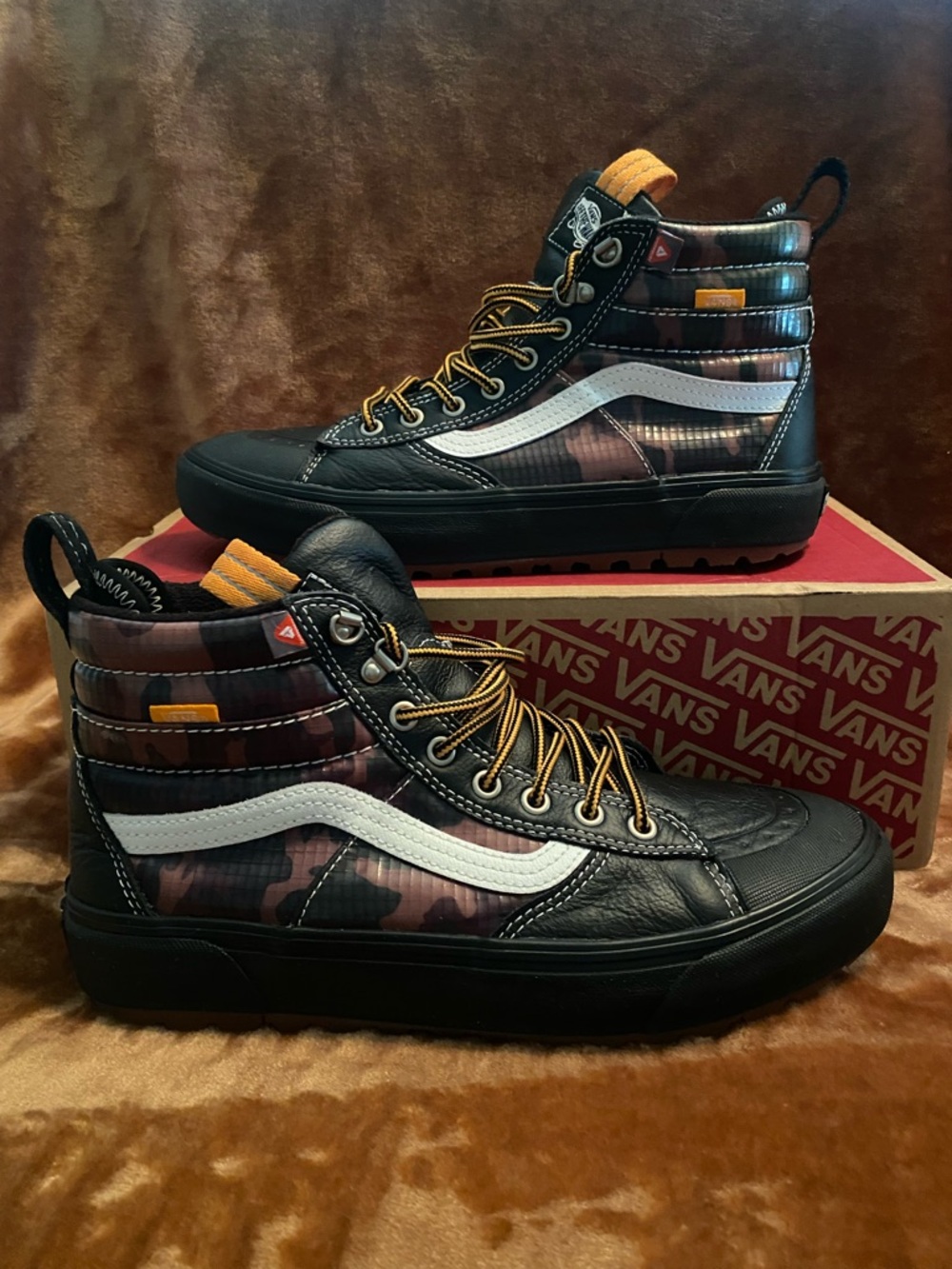 Vans High-Top Camouflage Sneakers in Black, Orange, White - Picture 2 of 11